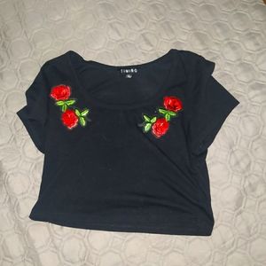 Timing Embroidered Rose Patch Shirt L Black Crop t